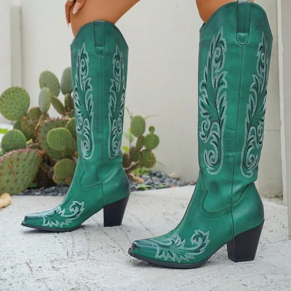 Dark Green Western Women's Embroidered Pull-On Knee High Boots